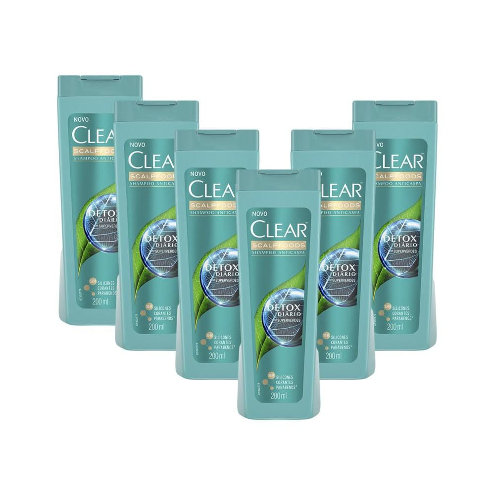 Kit 6 Shampoos Anticaspa Clear Detox Diário 200ml