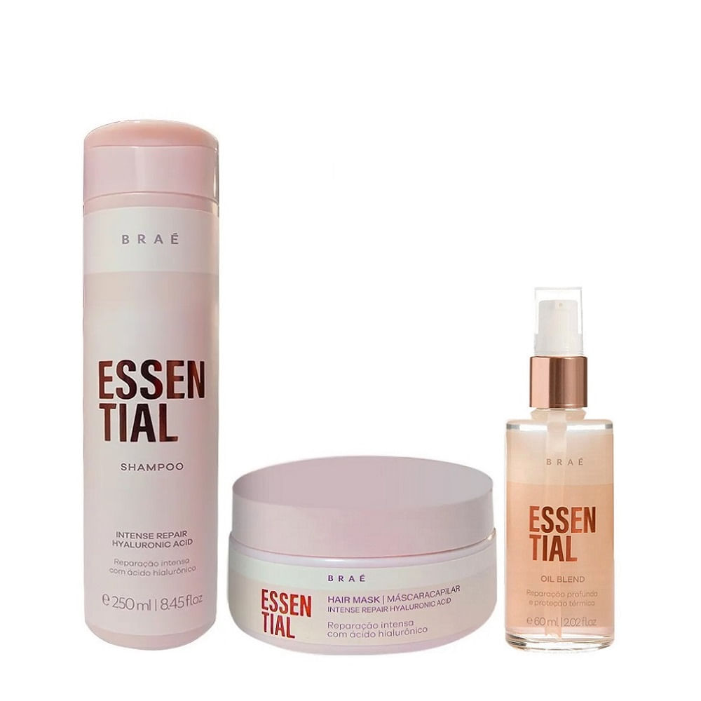 Kit Braé Essential Shampoo 250ml + Máscara 200g + Oil Blend 60ml