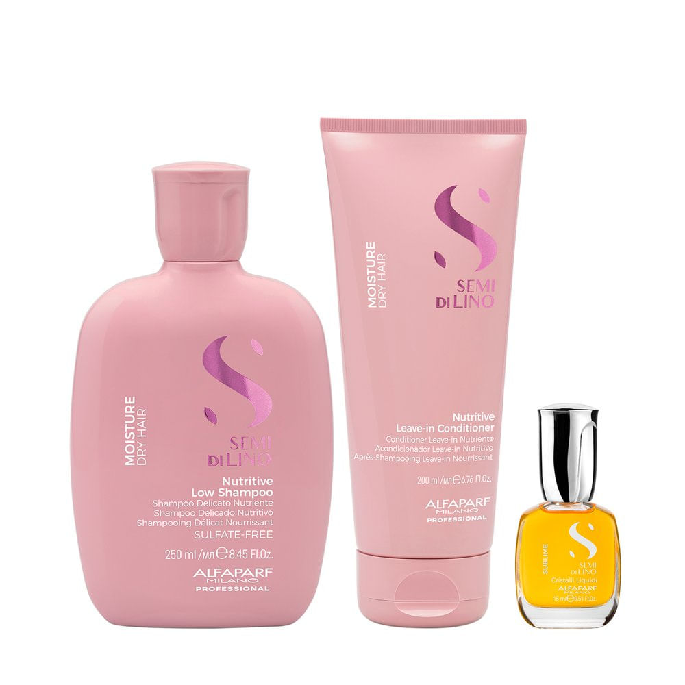 Kit Alfaparf Semi di Lino Moisture Dry Hair Shampoo 200ml + Condicionador 250ml + Oil Cristalli Liquid 15ml