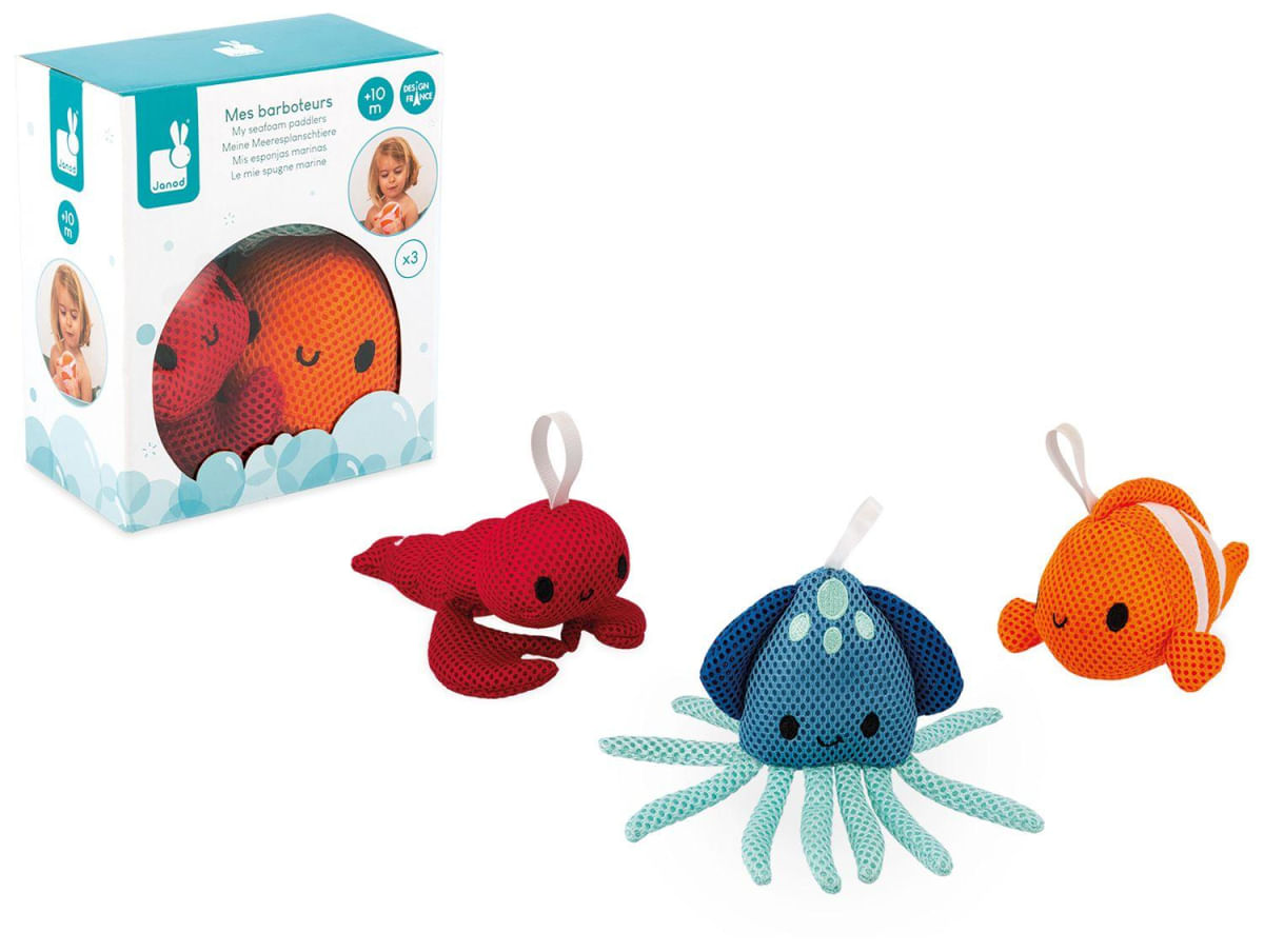 Esponja de Banho Janod Animais Marinhos Azul Laranja e Vermelho 3 Unidades