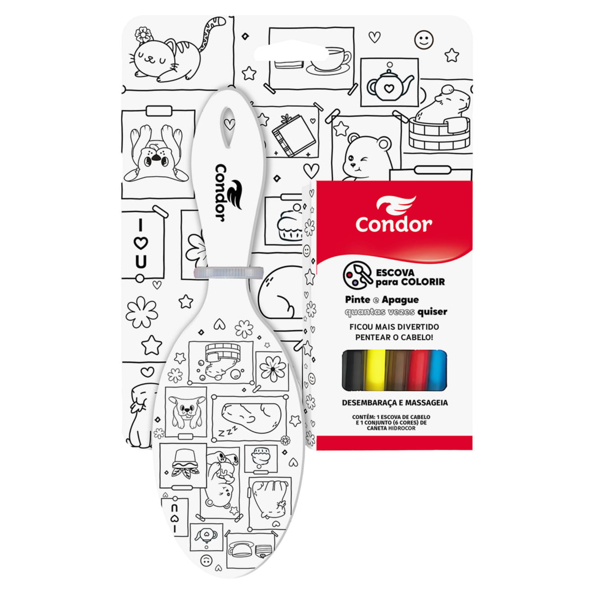 Kit 1 Escova para Cabelo Oval + 6 Canetas Hidrocor Condor para Colorir