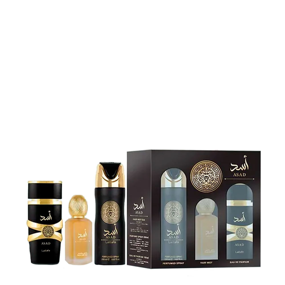 Kit Lattafa Asad Masculino - Eau de Parfum 100ml + Hair Mist 50ml + Desodorante 200ml