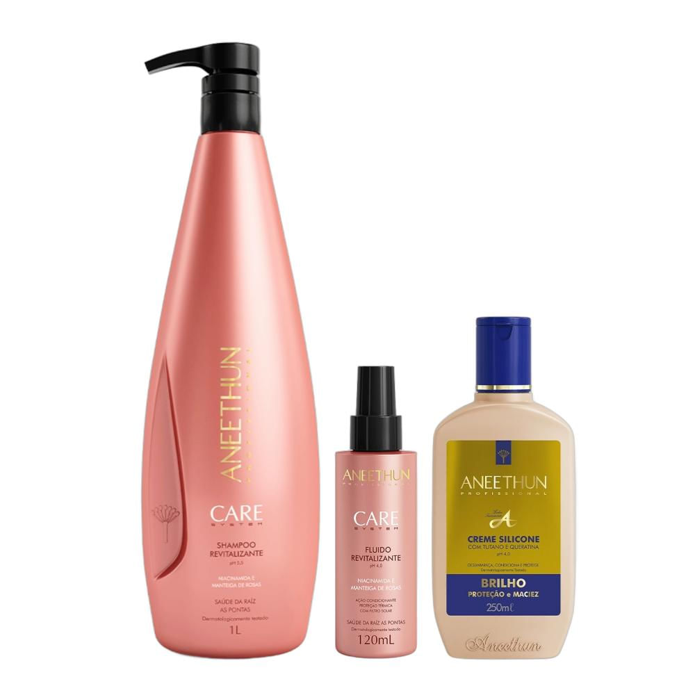 Kit Aneethun Care System Revitalizante - Shampoo 1L + Fluído 120ml + Creme Silicone 250ml