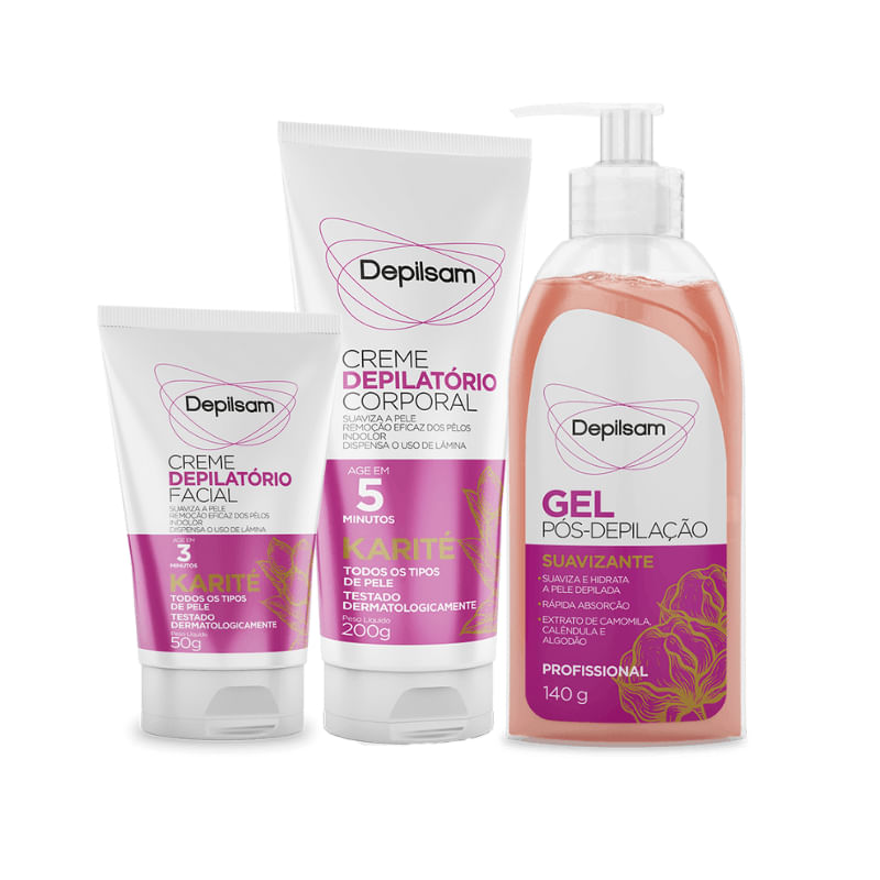 Kit completo Creme Depilatório Corporal + Creme Facial + Gel Pós Depilação Karité