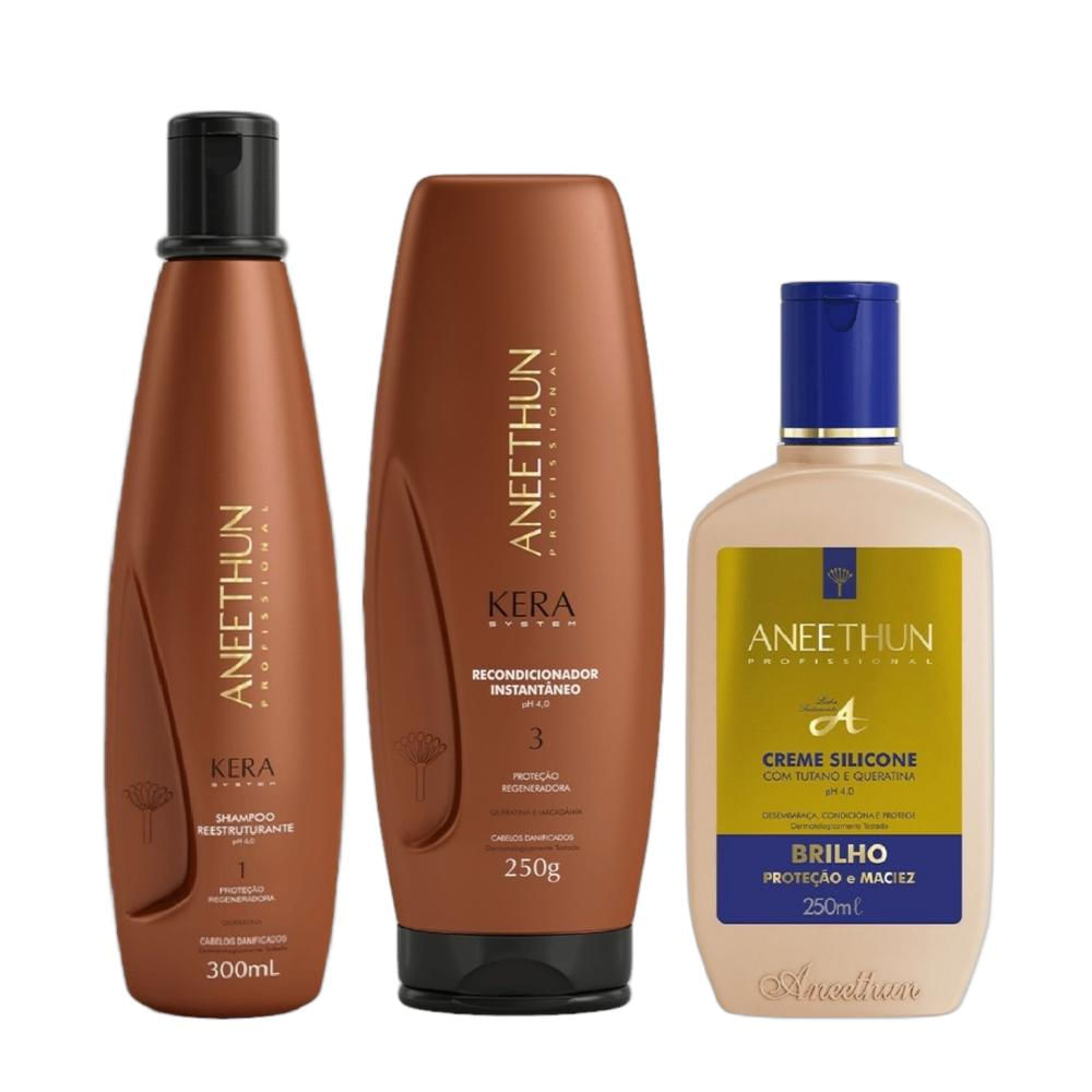 Kit Aneethun Kera System - Shampoo 300ml + Recondicionador 250g + Creme de Silicone 250ml
