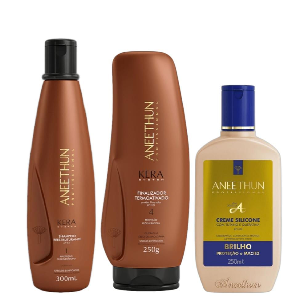Kit Aneethun Kera System - Shampoo 300ml + Finalizador 250g + Creme de Silicone 250ml