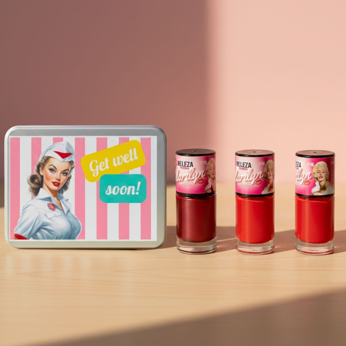 Kit Melhoras Get well Soon com 3 esmaltes +Lata Colecionável