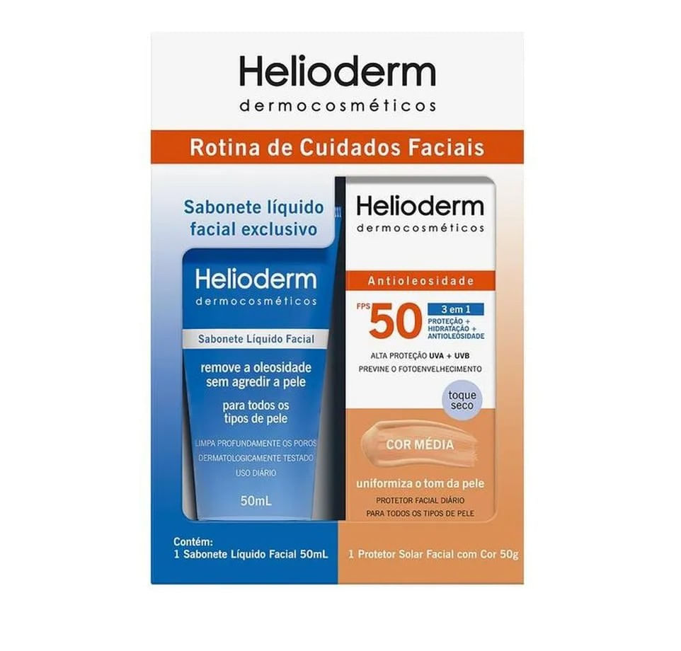 Kit Facial Helioderm – Sabonete Líquido Facial 50ml + Protetor Solar FPS 50 Cor Média 50g