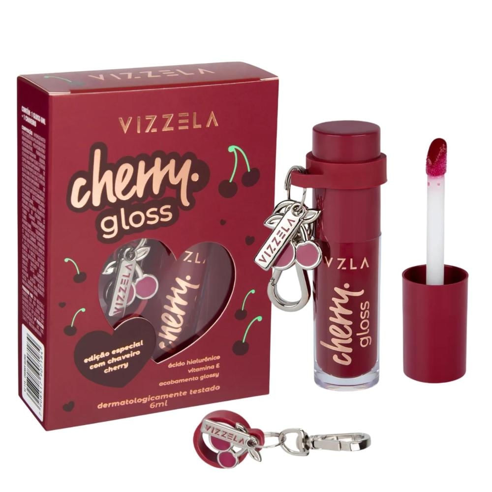 Gloss Labial Volumizador Cherry Cereja Vizzela com Chaveiro