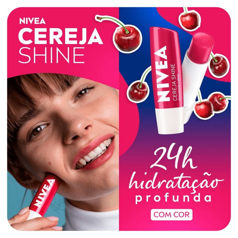 Protetor labial nivea cereja shine hidratação 24h - ação