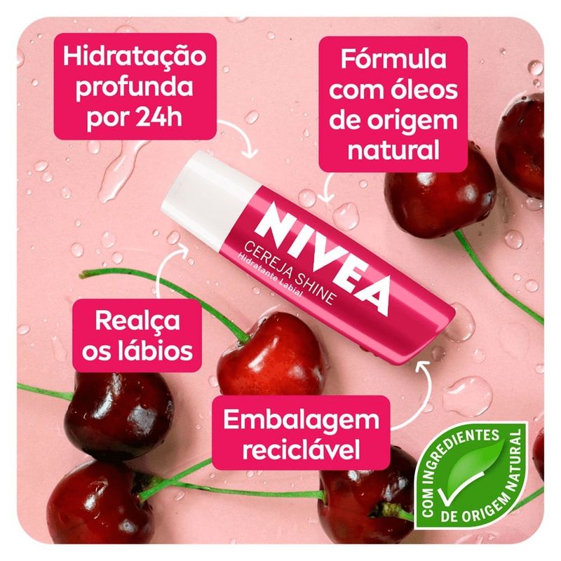 Protetor labial nivea cereja shine hidratação 24h - ação