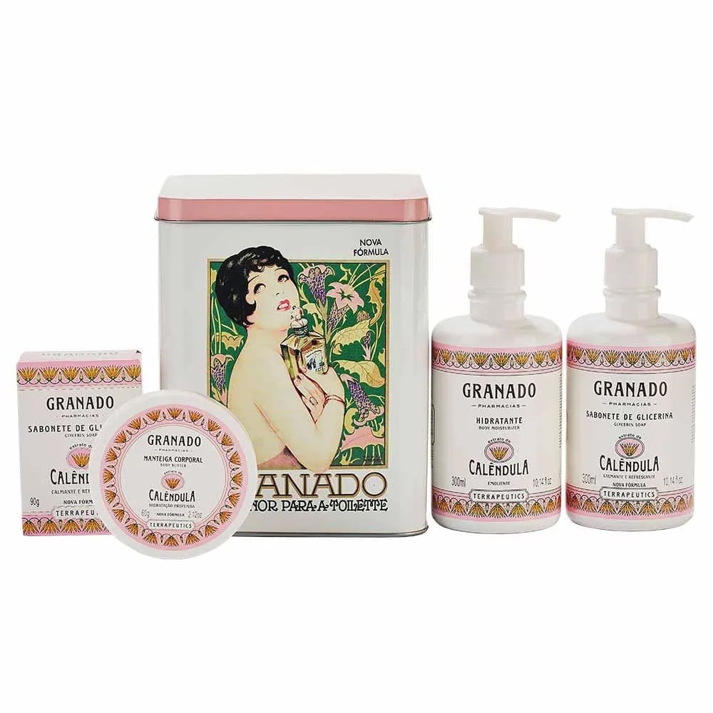 Kit Granado Lata Calêndula Sabonete Barra 90g + Manteiga Corporal 60g + Hidratante 300ml + Sabonete Líquido 300ml