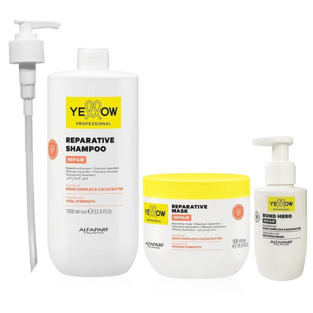 Kit Yellow Repair Tratamento Reparador - Shampoo 1L + Máscara 500ml + Bond Hero 100ml + Válvula Pump