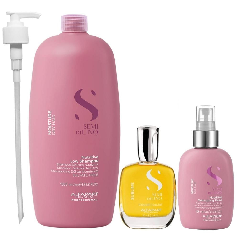 Kit Alfaparf Semi Di Lino Moisture -  Shampoo 1L + Fluído 125ml + Cristalli 50ml + Válvula Pump