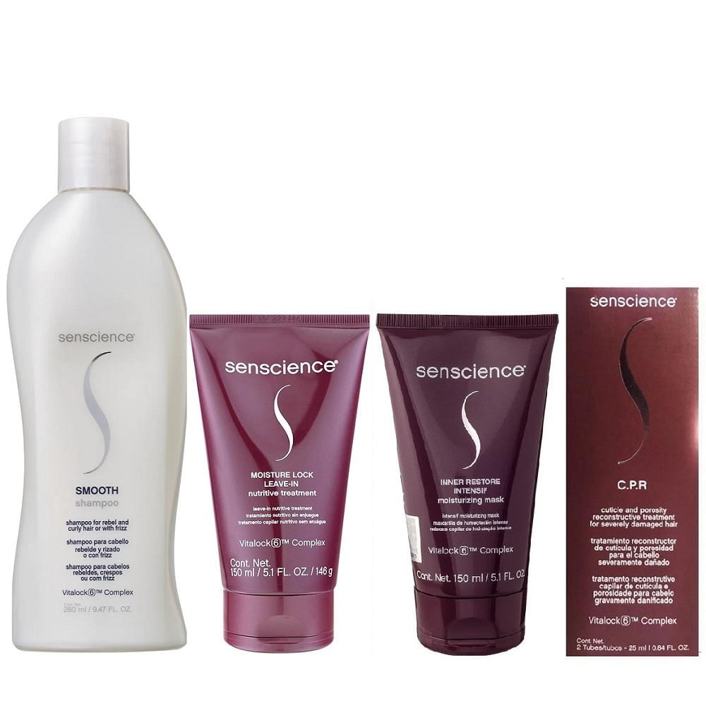 Kit Senscience Smooth - Shampoo 280ml + Moisture Lock Leave-In 150ml + Inner Intensif 150ml + CPR (2x25)
