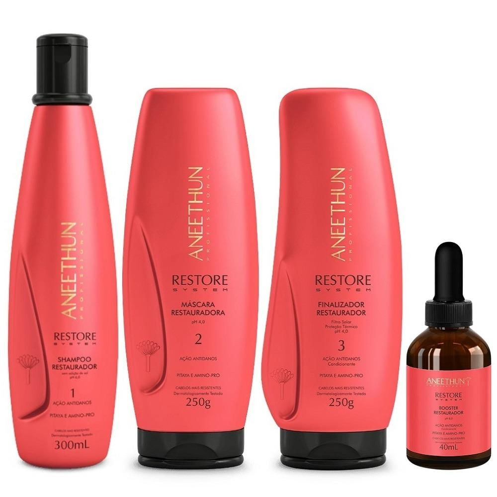 Kit Aneethun Restore System - Shampoo 300ml + Máscara 250g + Finalizador 250g + Booster Capilar 40ml