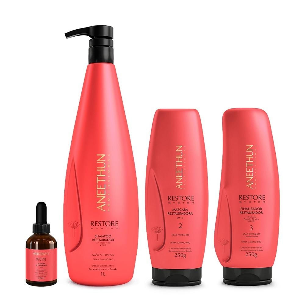 Kit Aneethun Restore System - Shampoo 1L + Máscara 250g + Finalizador 250g + Booster Capilar 40ml