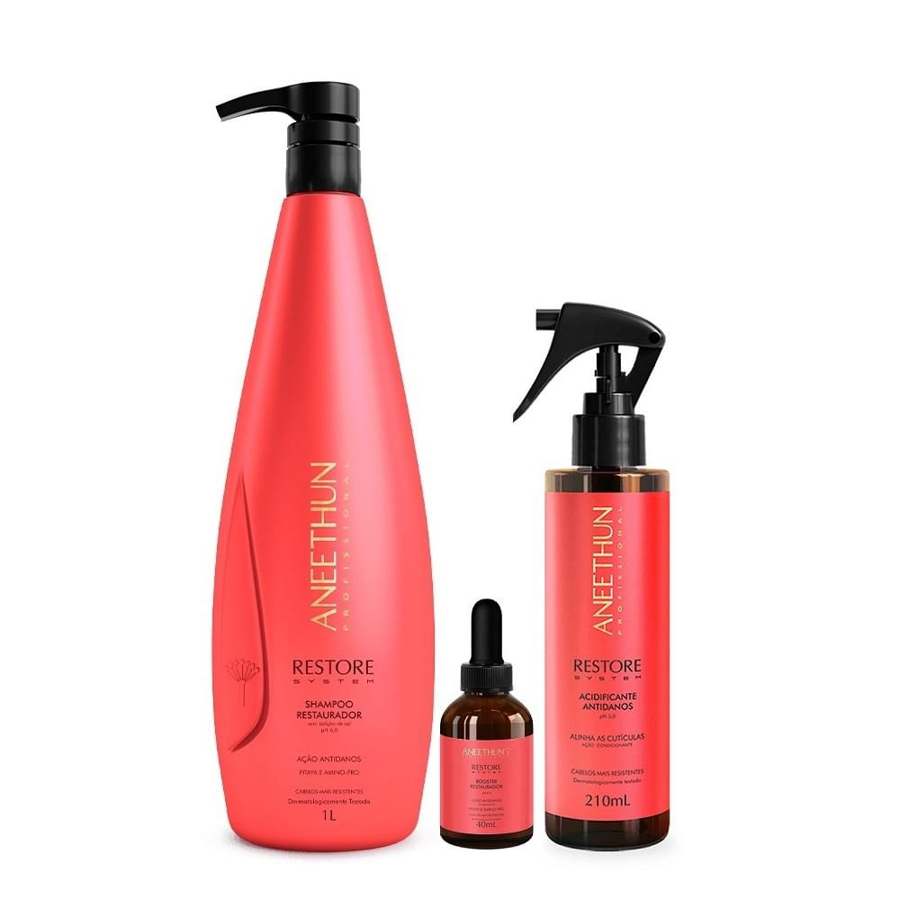 Kit Aneethun Restore System - Shampoo 1L + Acidificante 210ml + Booster Capilar 40ml