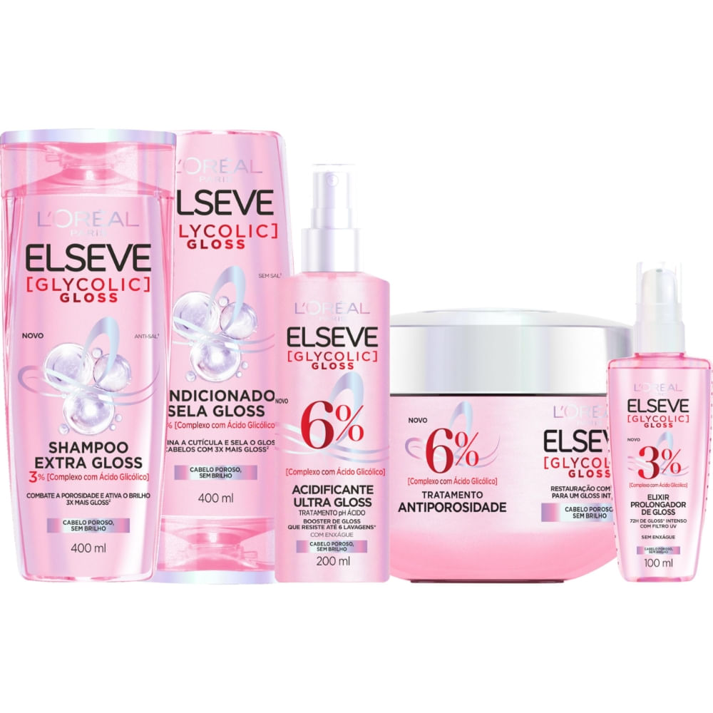 Kit Glycolic Gloss Shampoo+Condicionador 400 mL +Acidificante+Creme de Tratamento+Sérum