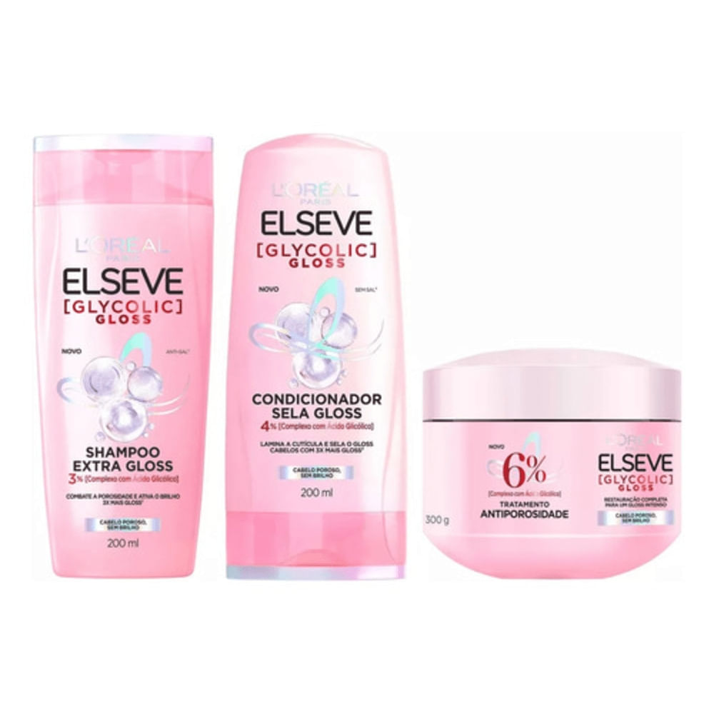 Kit Elseve Glycolic Gloss Shampoo + Condicionador + Máscara
