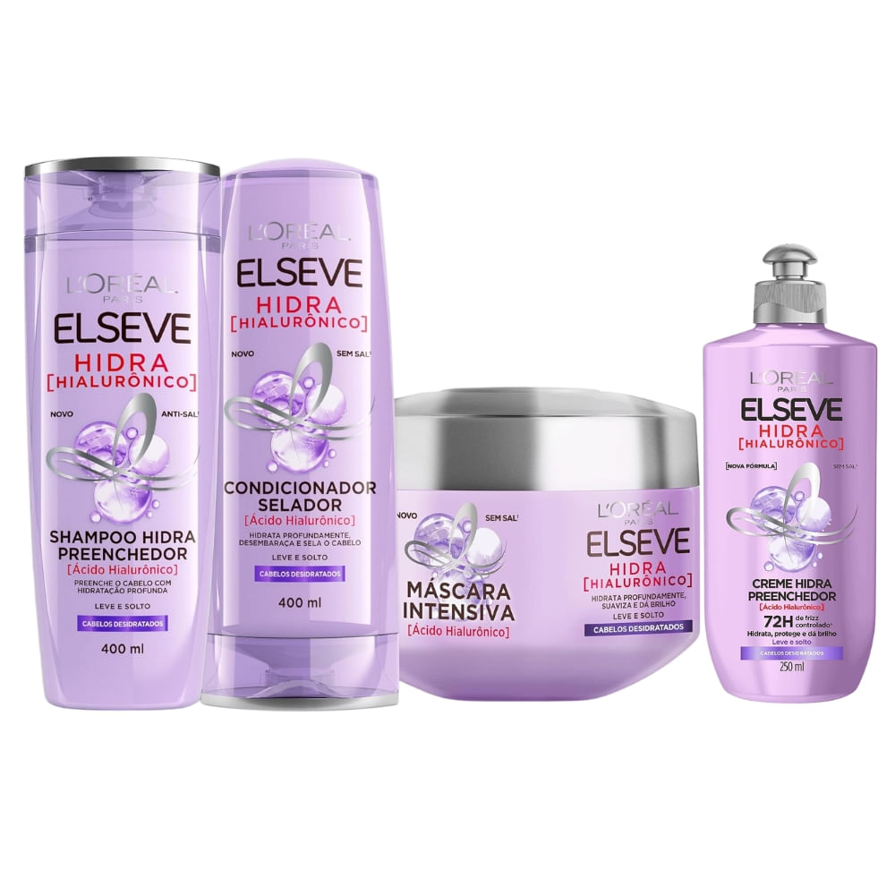 Kit Elseve Hidra Hialurônico Shampoo, Condicionador 400 mL, Máscara e Creme