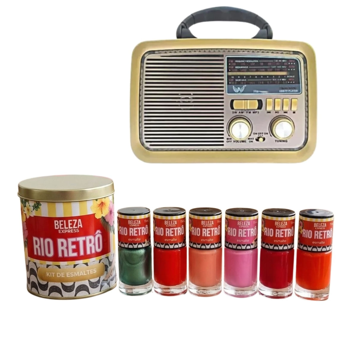 Kit presente Rio Retrô 6 esmaltes, lata e radio bluetooth