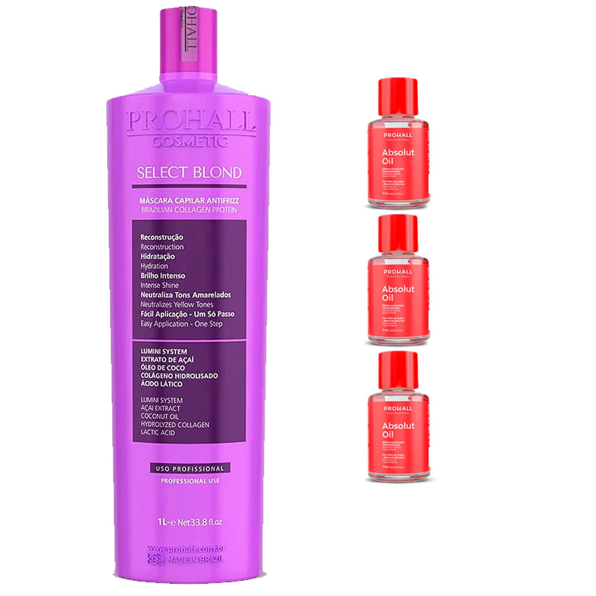 Alisante Cabelo Progressiva Loiras Select Blond Prohall 1 Litro +3 Absolut Oil 7Ml