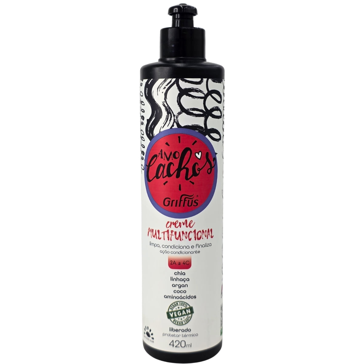 Creme Multifuncional Limpa, Condiciona e Finaliza 2A a 4C Vegano Amo Cachos Griffus 420ml
