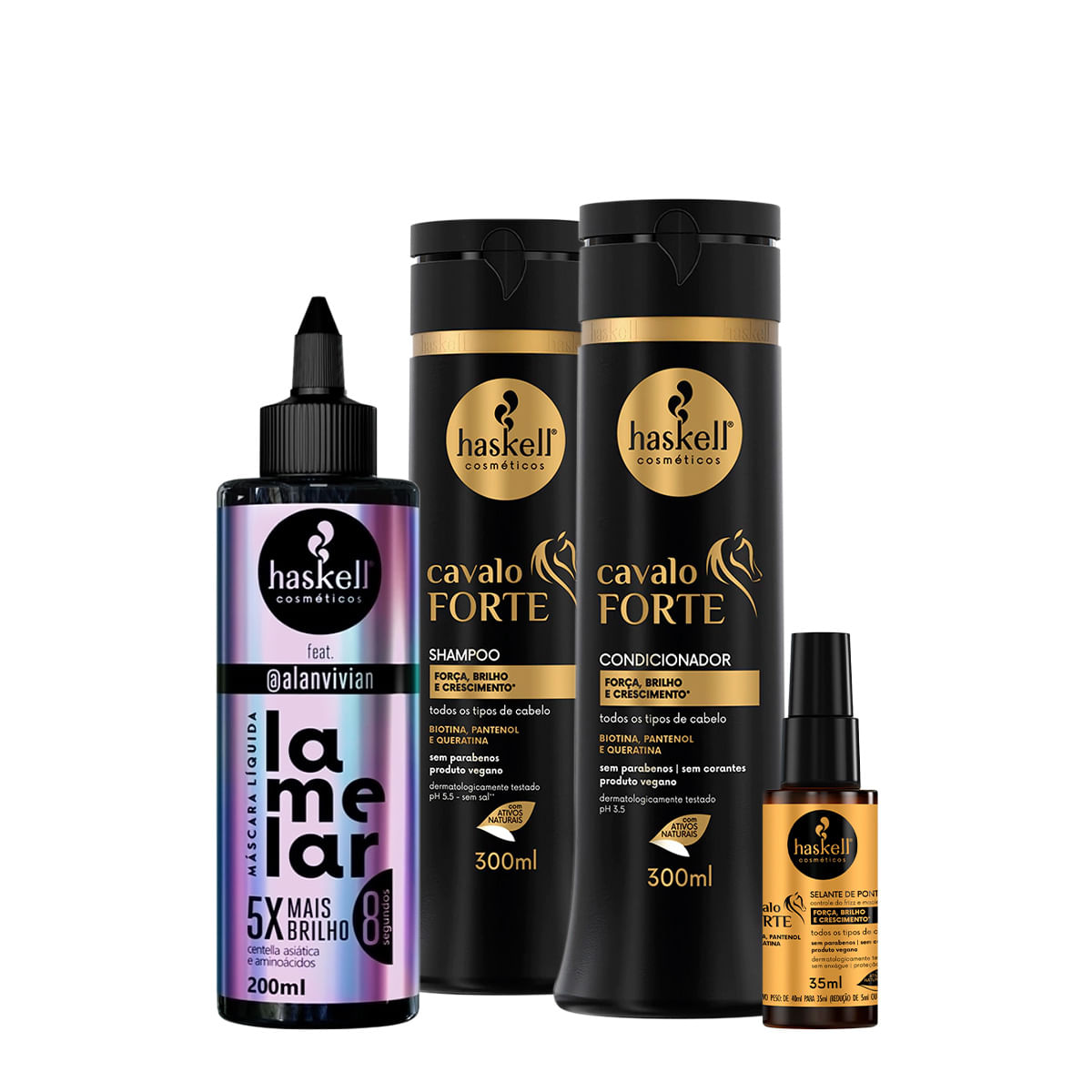 Kit Haskell Cavalo Forte Shampoo Condicionador Selante de Pontas e Lamelar Máscara líquida (4 produtos)