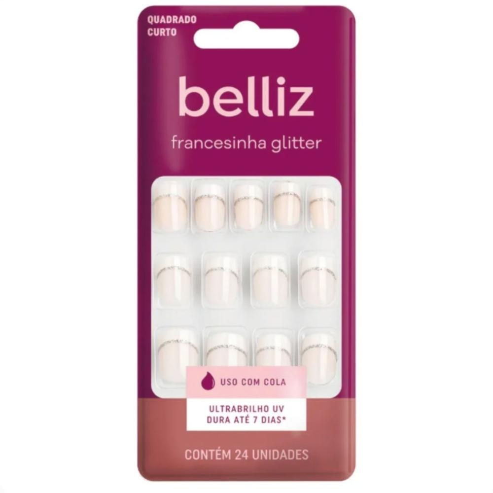 Unhas Postiças Belliz Francesinha Glitter Quadrado Curto Com 24 unidades Cód.:1206