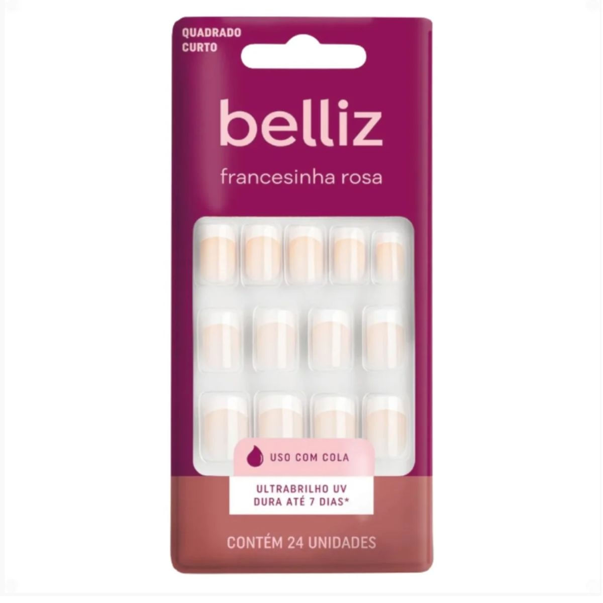Unhas Postiças Belliz Francesinha Rosa Quadrado Curto Com 24 unidades Cód.:1204