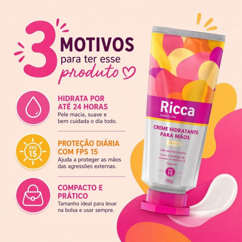 Creme Hidratante para Mãos Ricca Hands On Fps 15 Fruity 30g Cód
