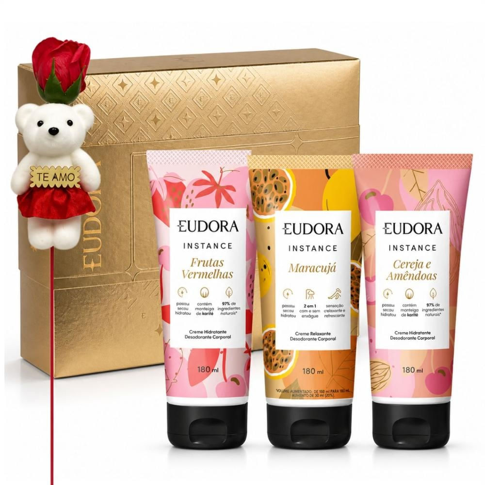 Kit Eudora Instance 3 Cremes Hiratantes Corporais 180ml + Rosa Com Ursinho