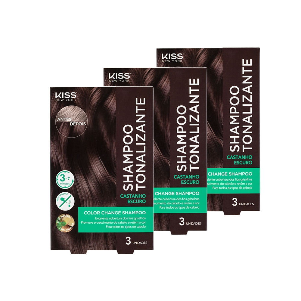 Kit com 3 Shampoos Tonalizantes Color Change Castanho Escuro - Kiss New York