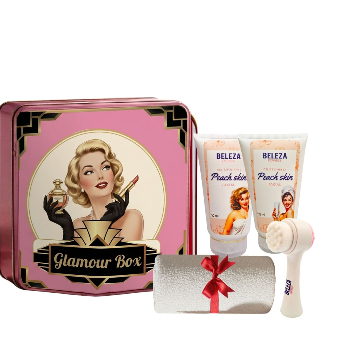 Kit Presente Glamour Box Limpeza, Esfoliação e lata rosa