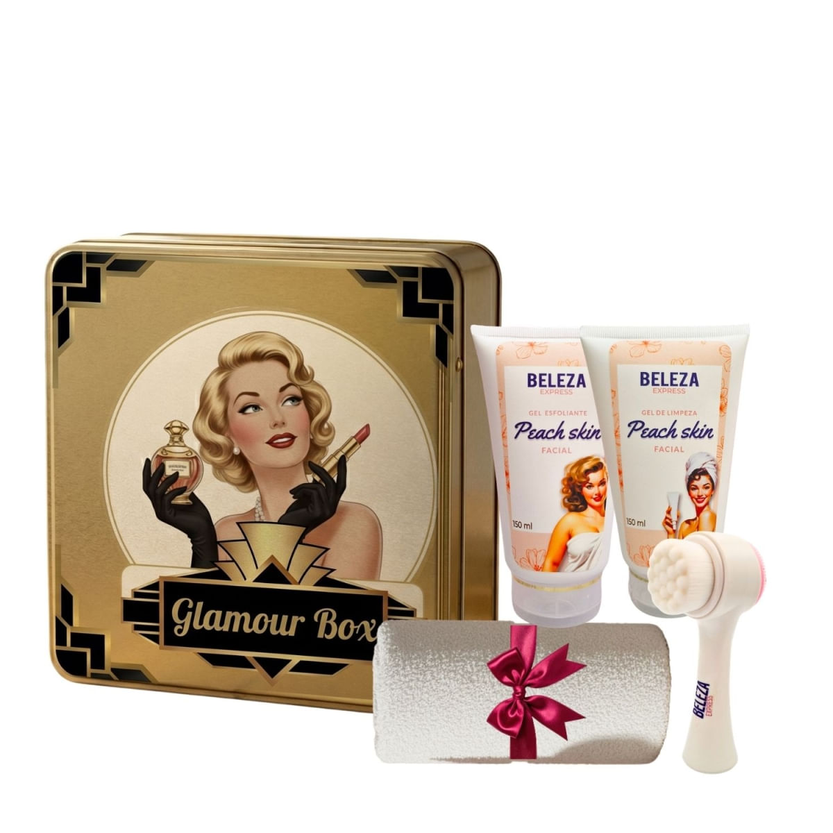 Kit Presente Glamour Box Limpeza, Esfoliação e lata dourada