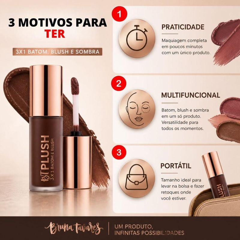 Batom, Blush e Sombra 3x1 Bruna Tavares Bt Plush Coffee 6g Bps13b