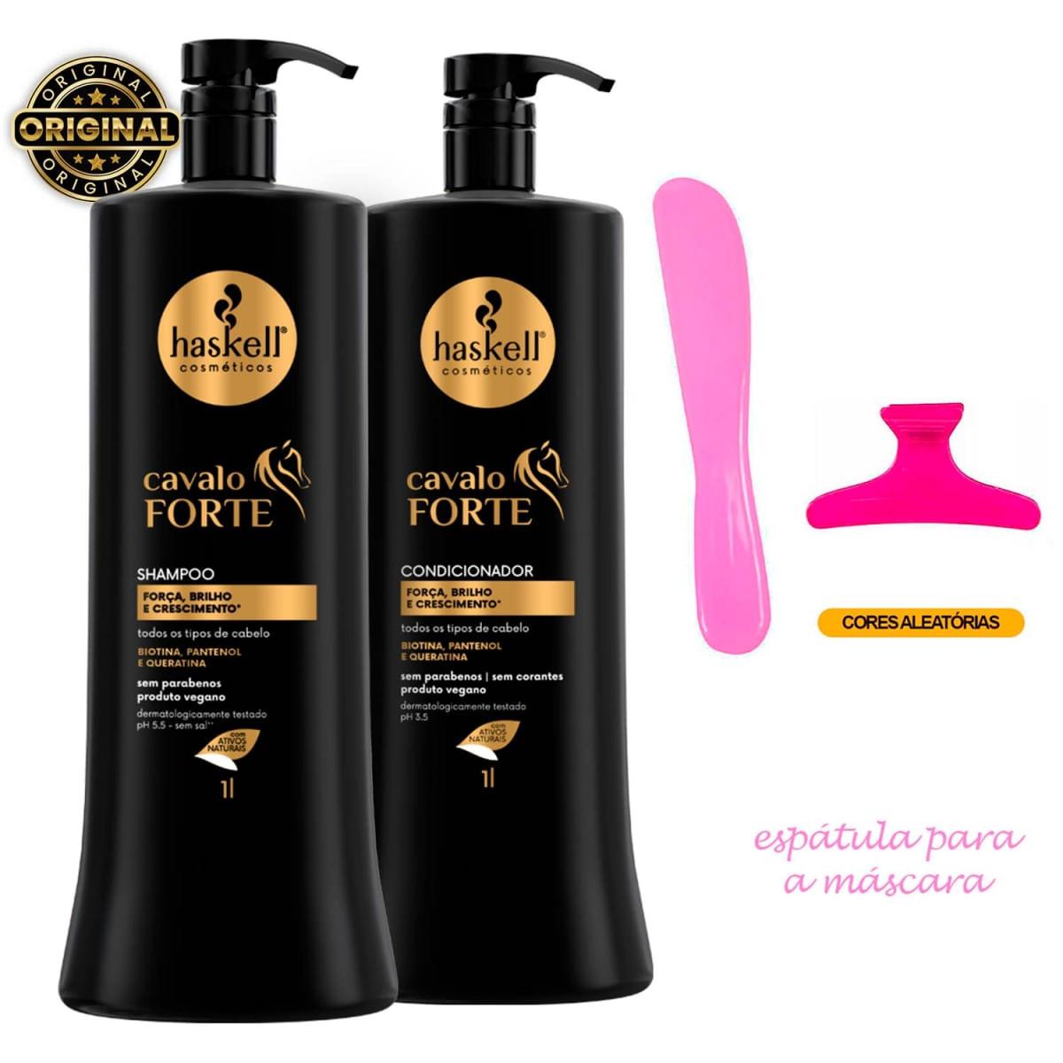 Haskell Kit Haskell Cavalo Forte Shampoo e Condicionador 1 Litro para Fortalecimento do Cabelo +Espátula/Presilha