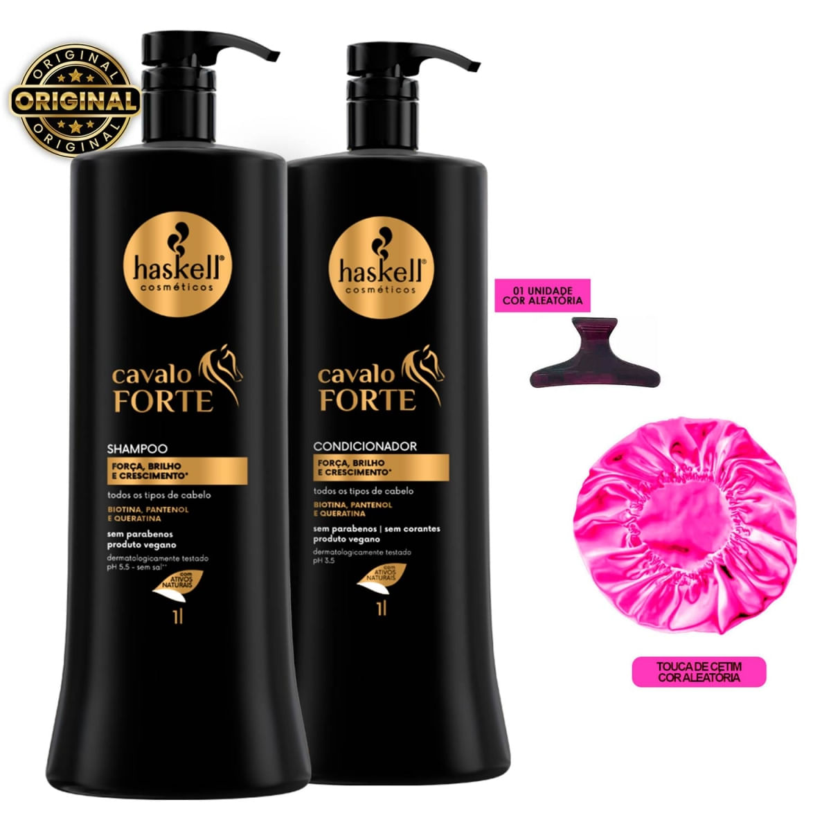 Haskell Cavalo Forte Kit Shampoo+Condicionador 1 Litro +Touca/Presilha