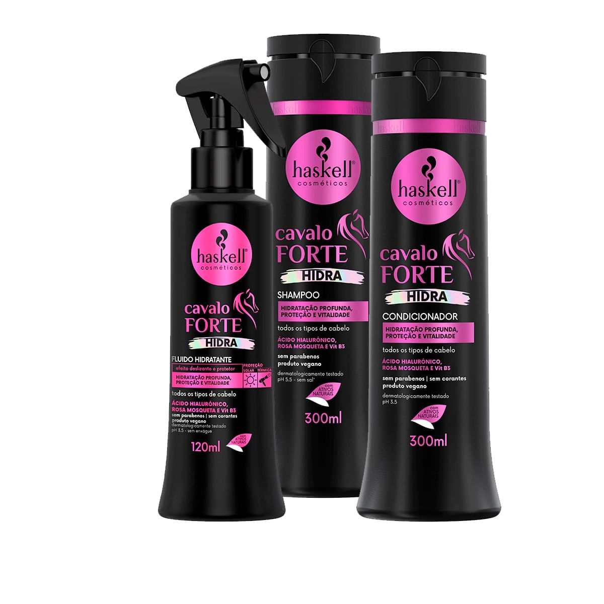 Kit Haskell Cavalo Forte Hidra 300ml Shp/Cond/Tônico Hidrata