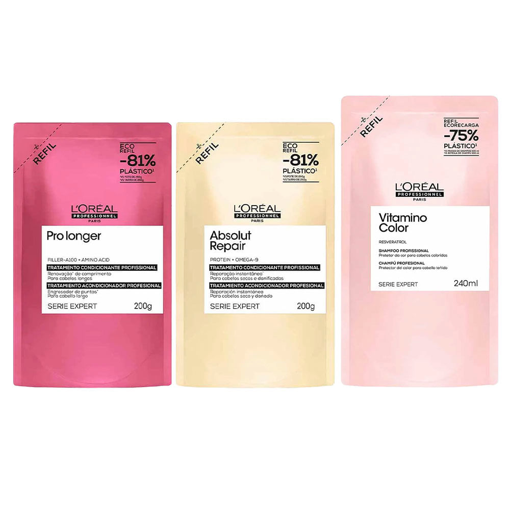 Kit L’Oréal Professional Refil – Shampoo Vitamino Color + Máscara Pro Longer + Máscara Absolut Repair