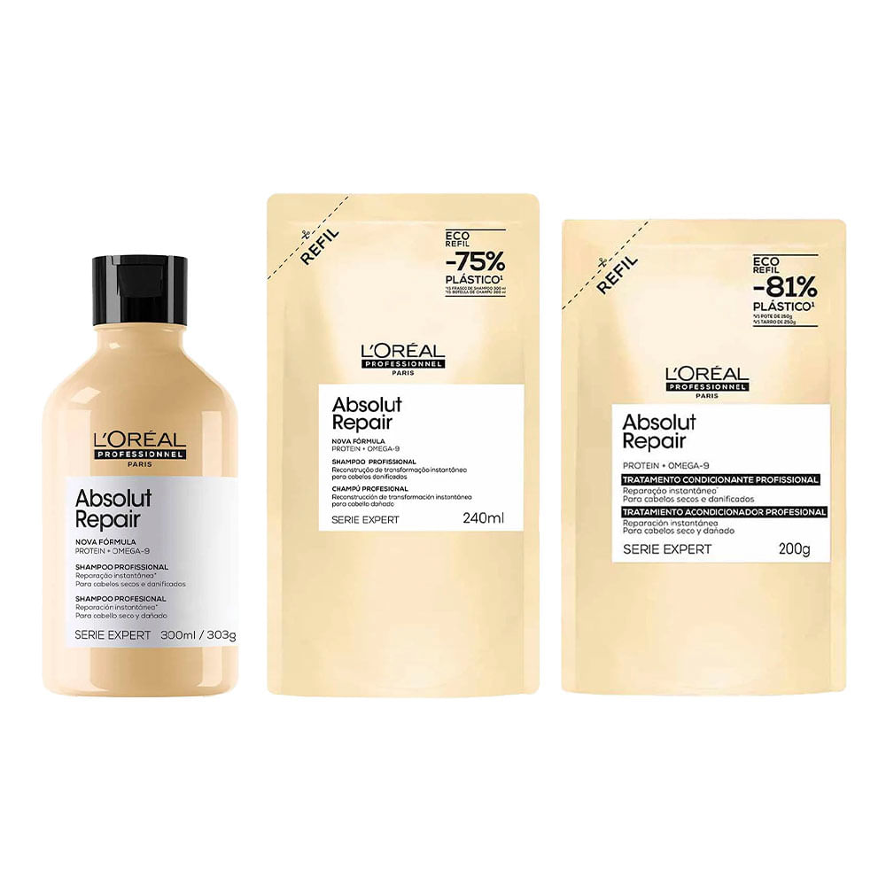 Kit LOréal Professionnel Absolut Repair – Shampoo + Refil Shampoo + Refil Máscara