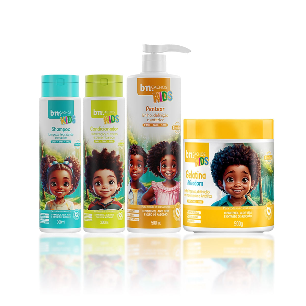 Kit Shampoo e Condicionador + Creme de Pentear + Gelatina 500g Linha Kids bn.Cachos