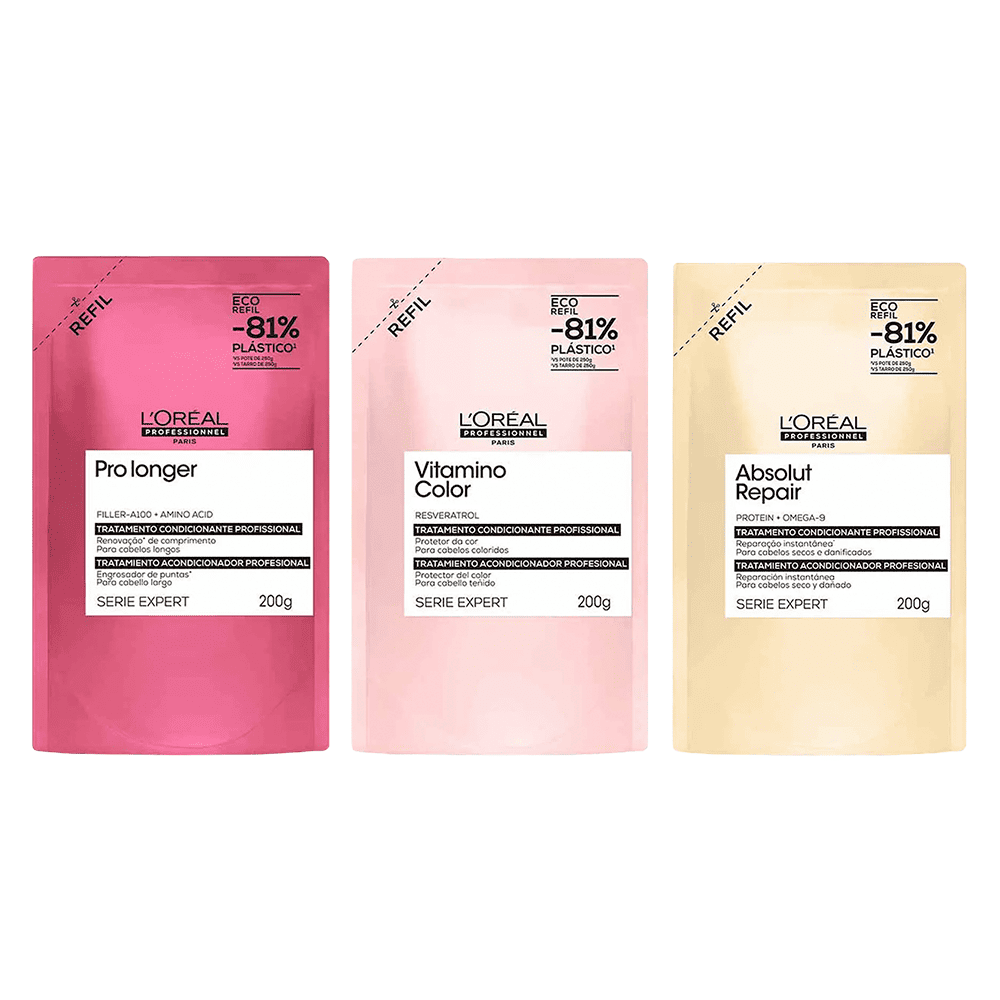 Kit L’Oréal Professional Refil – Máscara Vitamino Color + Máscara Absolut Repair + Máscara Pro Longer