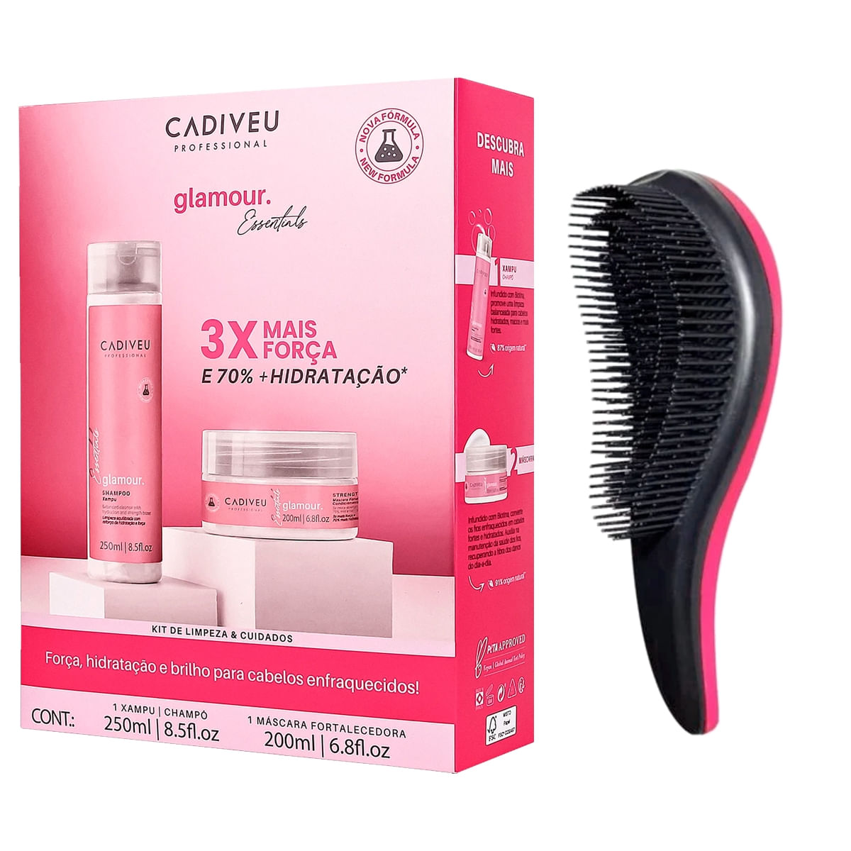 Kit Cadiveu Glamour Essentials 3x mais Força Hidrata Brilho (+Escova)