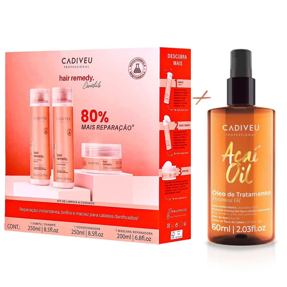 Kit Cadiveu Hair Remedy Shp/Cond/Másc + Óleo de Açaí 60ml
