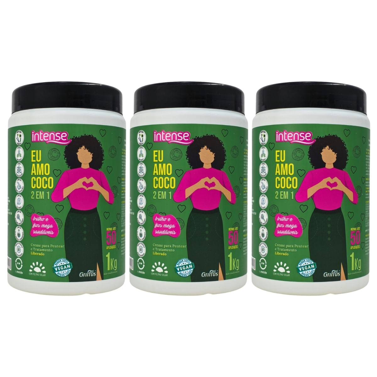 kit 3 Creme Para Pentear e Tratamento 2 em 1 Vegano Eu Amo Coco Intense Griffus 1kg