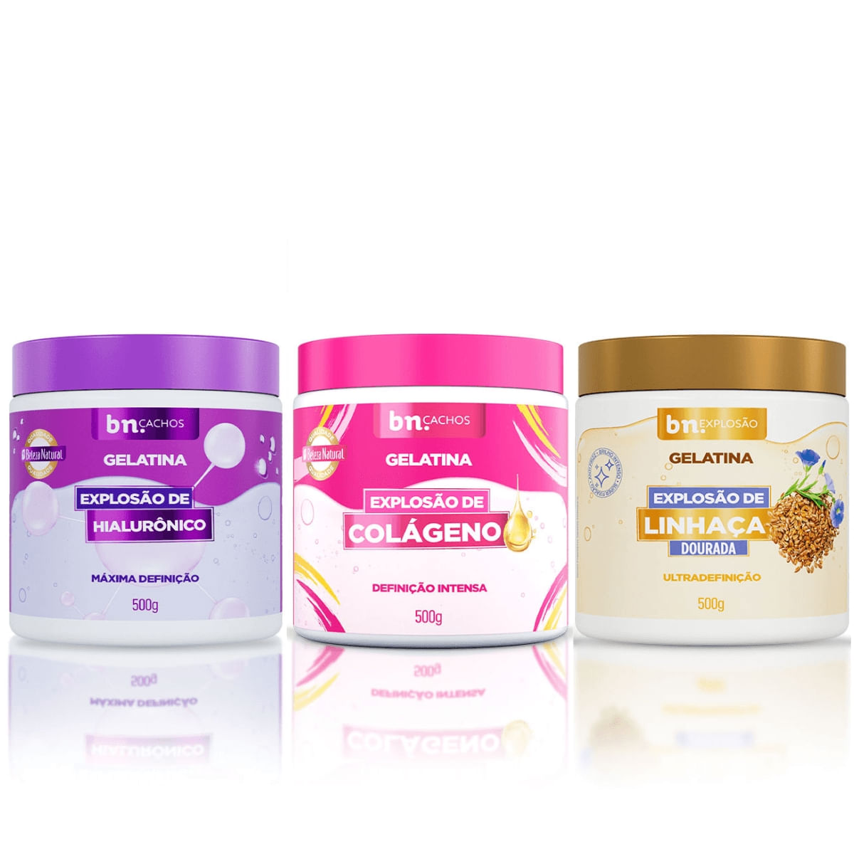 Kit Explosão de Gelatinas Colágeno + Linhaça Dourada + Hialurônico (3 itens) | bn.Cachos