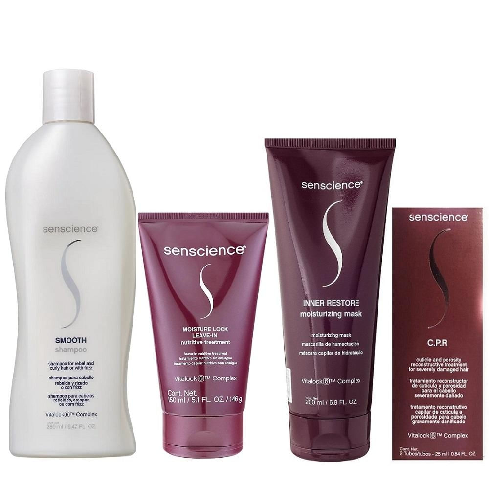 Kit Senscience Smooth - Shampoo 280ml + Moisture Lock Leave-In 150ml + Inner Restore Deep 200ml + CPR (2x25)