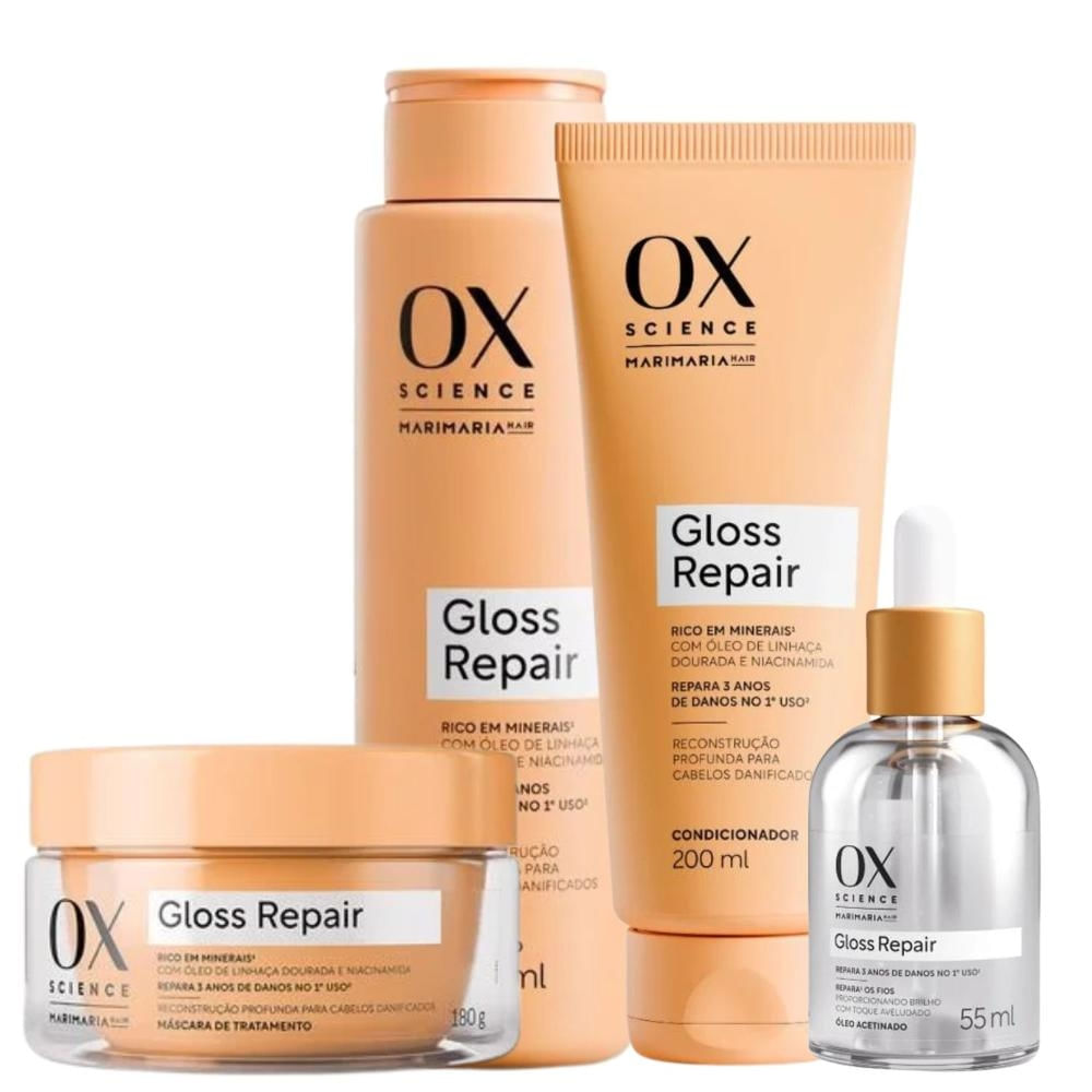 Kit Ox Science Mari Maria Hair Gloss Repair: Shampoo 250ml, Condicionador 200ml, Óleo Acetinado 55ml + Máscara 180g